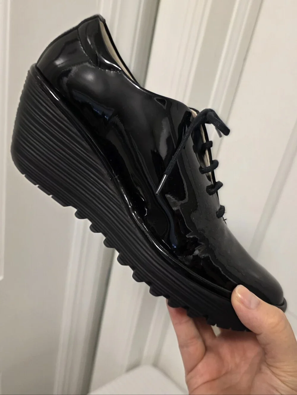 FLY London Black Patent Lace-Up Platform Shoes Size 39=8/8.5 US
